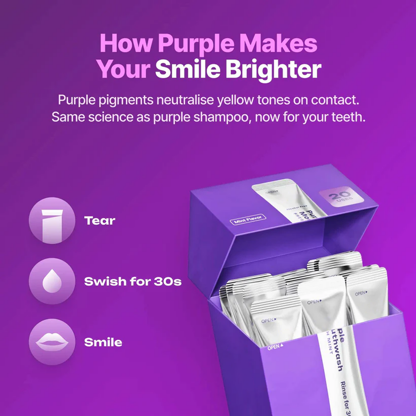 Purple Mouthwash Purple colour correction that neutralises yellow tones in 30 seconds. 20 single-use sachets.